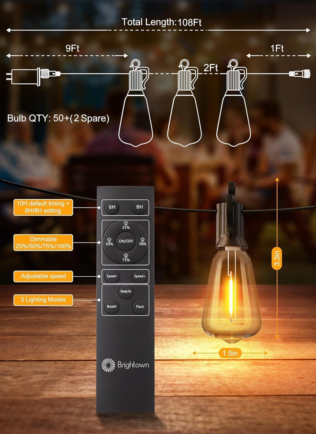 108FT Outdoor String Lights - 52 Shatterproof LED Bulbs