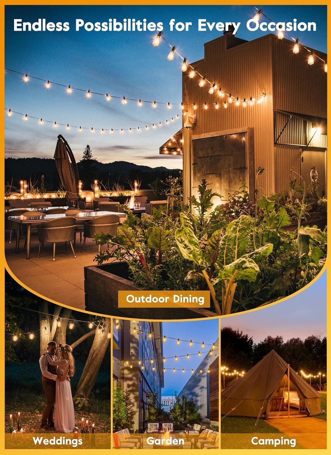 108FT Outdoor String Lights - 52 Shatterproof LED Bulbs