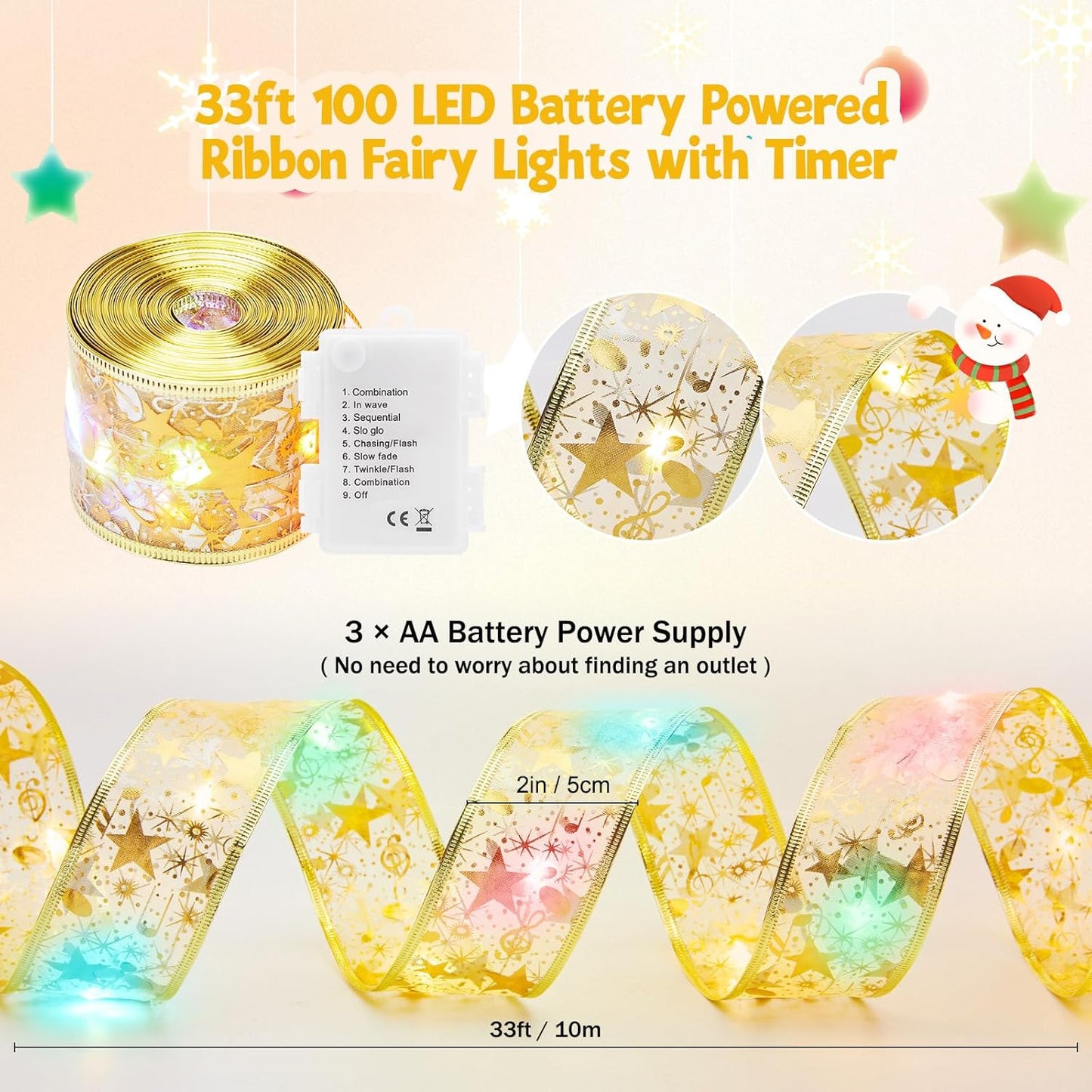 2 Pack Christmas Tree String Lights - 33ft 100 LED Gold Ribbon