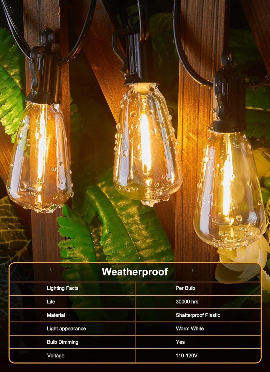 108FT Outdoor String Lights - 52 Shatterproof LED Bulbs