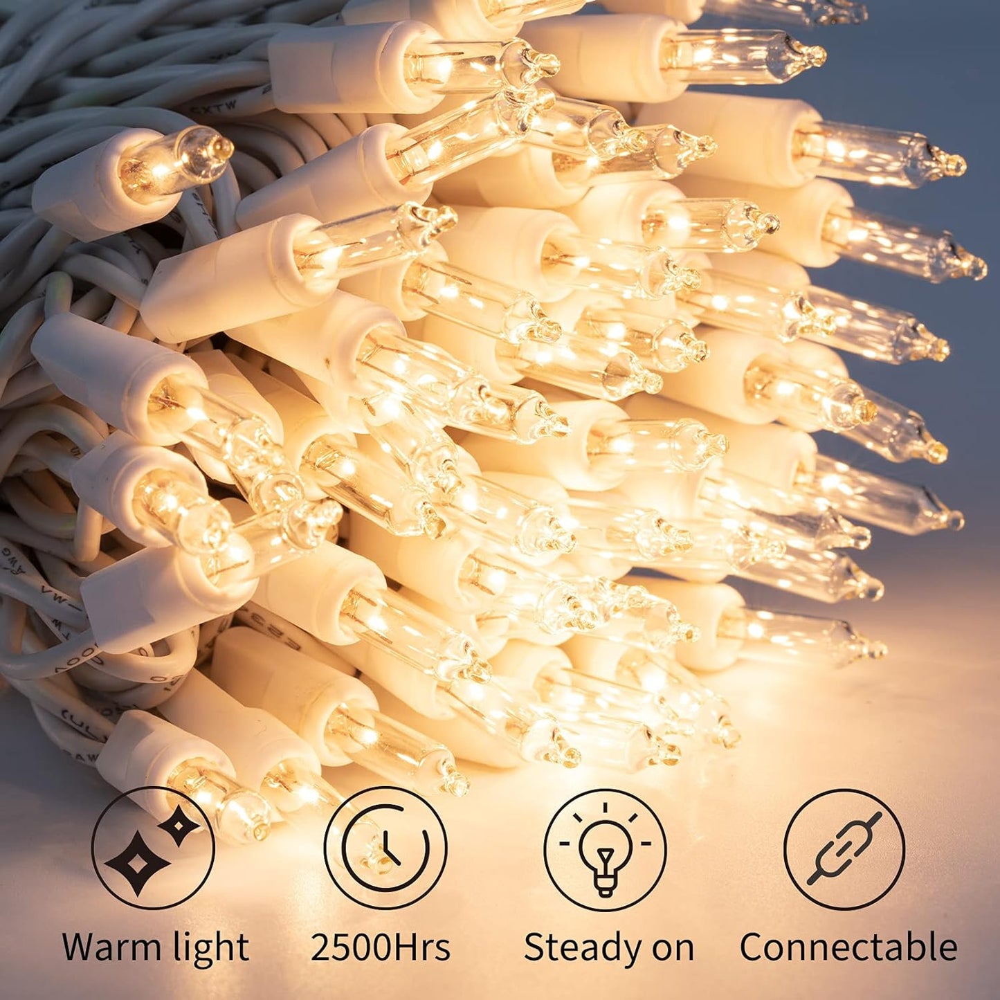 2 Pack 39FT LED Christmas Mini Lights with 100 Clear Bulbs, Warm White