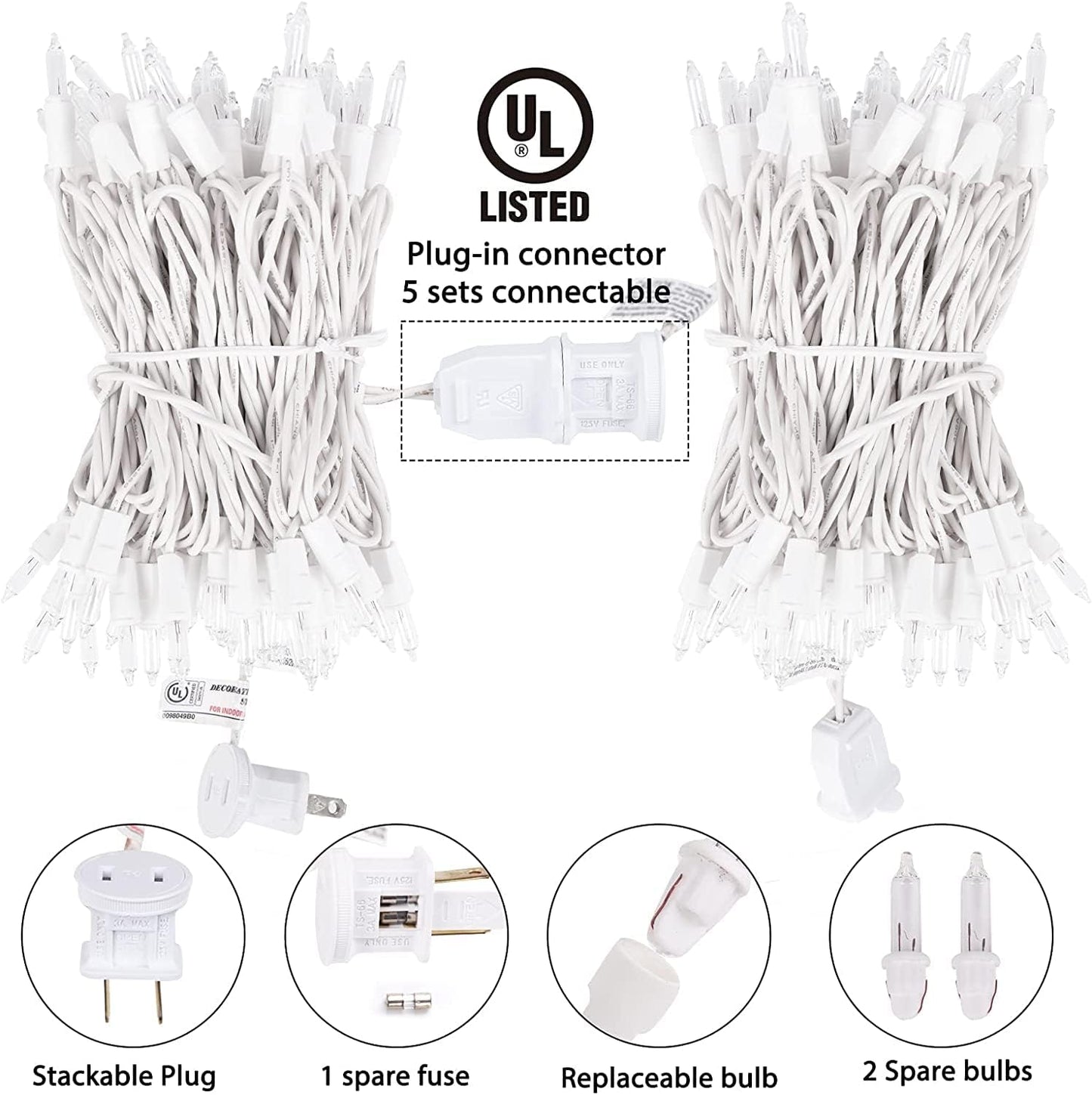 2 Pack 39FT LED Christmas Mini Lights with 100 Clear Bulbs, Warm White