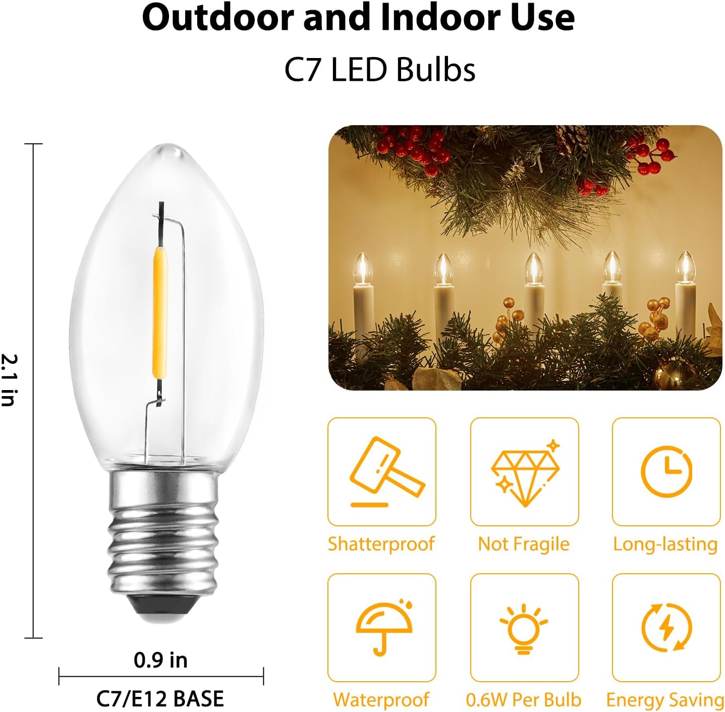 15 Pack Warm White C7 LED Christmas Bulbs