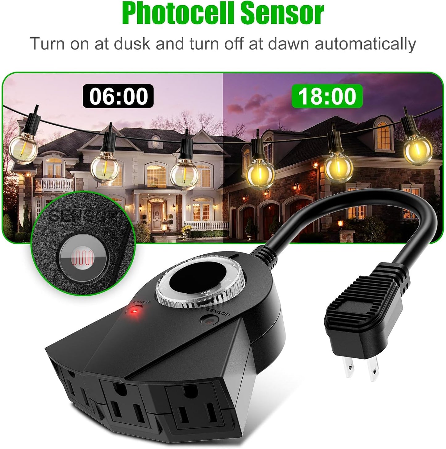 2 Pack Outdoor Light Sensor Timer, Waterproof, 3 Grounded Outlets